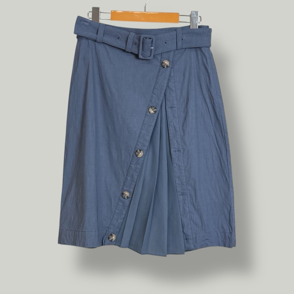 BY ANTHROPOLOGIE Skirt Women Size 8 Medium Dusty Blue Pleated Knee Length Belted